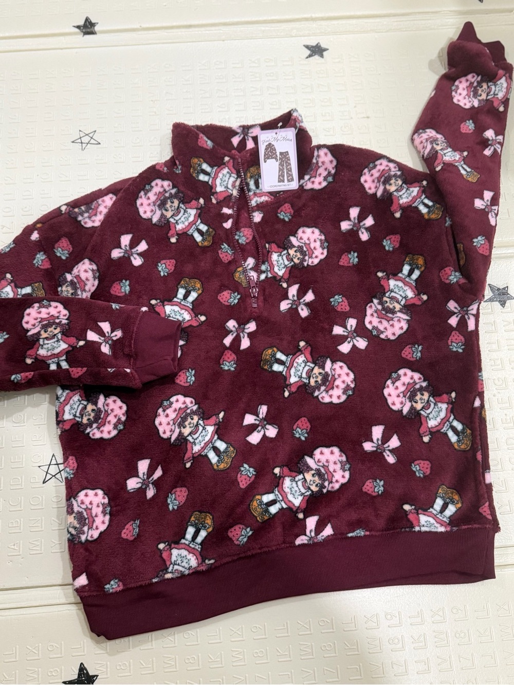 Cozy Burgundy Fleece Pullover with Strawberry Doll Print